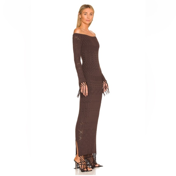 Off-Shoulder Brown Knit Maxi Dress